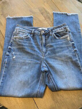 Flying Monkey, Medium Wash High Rise Straight Leg Raw Hem Blue Jeans, Size 28